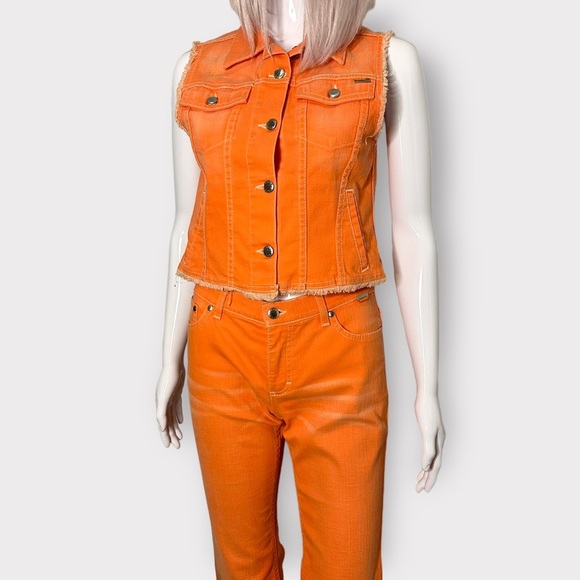Vintage Y2K Escada Sport Two Piece Neon, orange, pant, vest, denim, set - Picture 4 of 9